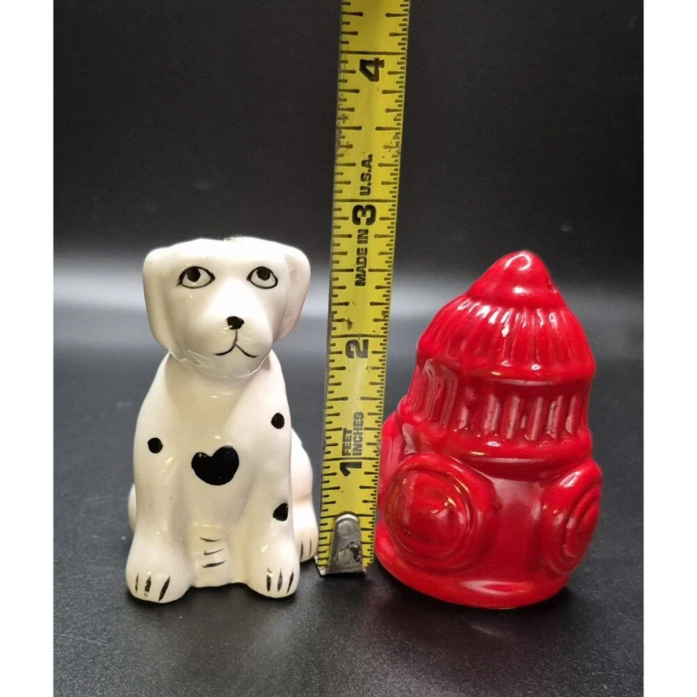 Vintage Salt & Pepper Shakers Figural Dalmation Dog + Fire Hydrant FireFighter
